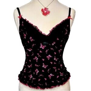VINTAGE Victoria's Secret Cami Ruffles Underwire Butterflies Black Pink Large